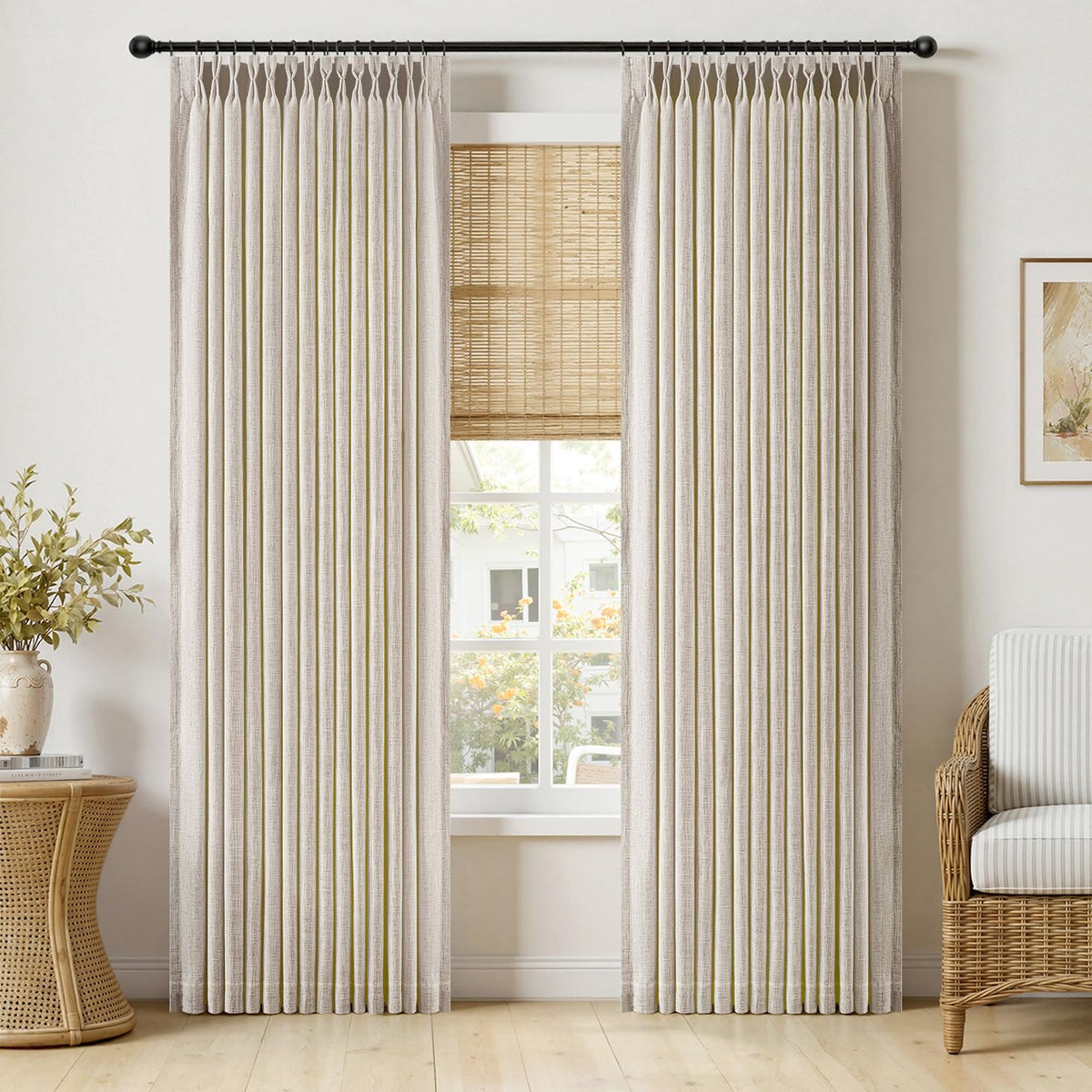 MIULEE Pinch Pleated Thick Linen Curtains 96 Inches Burlap Brown Curtains