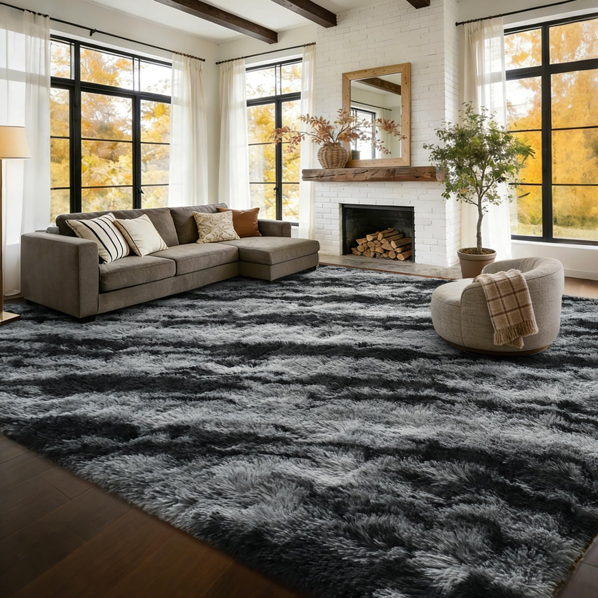 9x12 Extra Large Fluffy Area Rugs for Living Room Tie-Dyed Light Grey