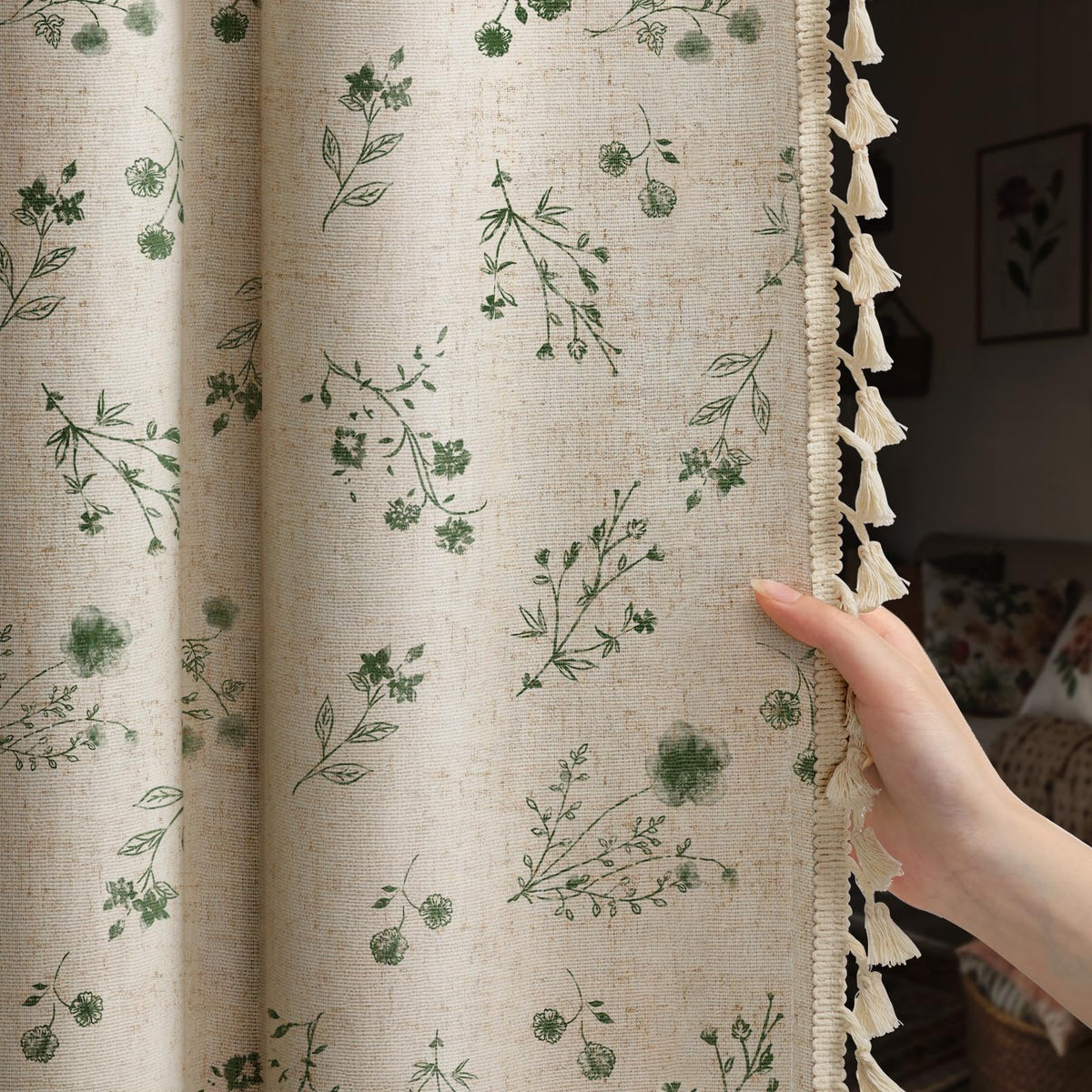 Boho Floral Light Filtering Curtains 84 Inch 2 Panels Linen Texture