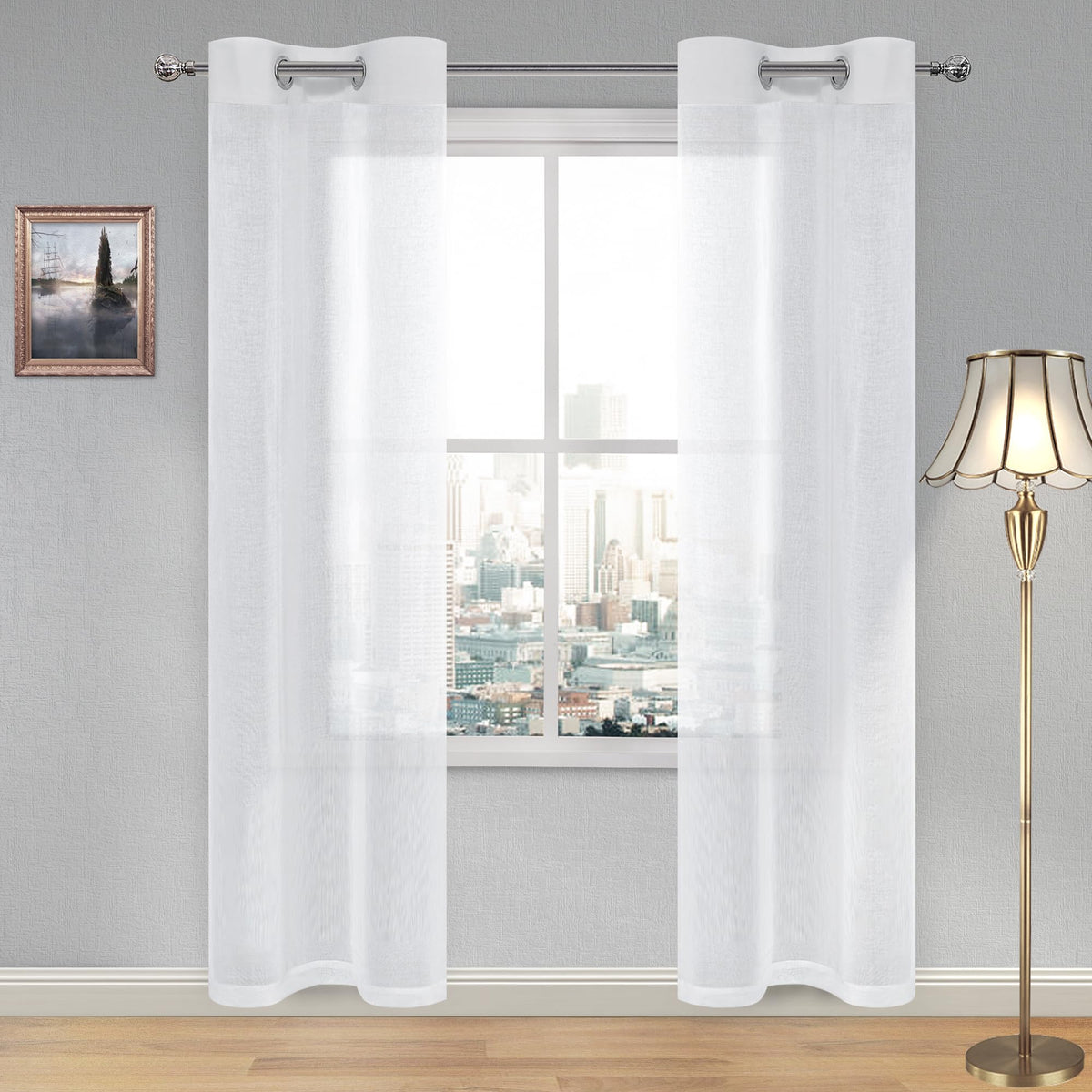DWCN White Sheer Curtains Linen Look Semi Transparent Voile Grommet White Curtains for Living Dining Room Drapes 52 x 84 Inch Long, Set of 2 Panels