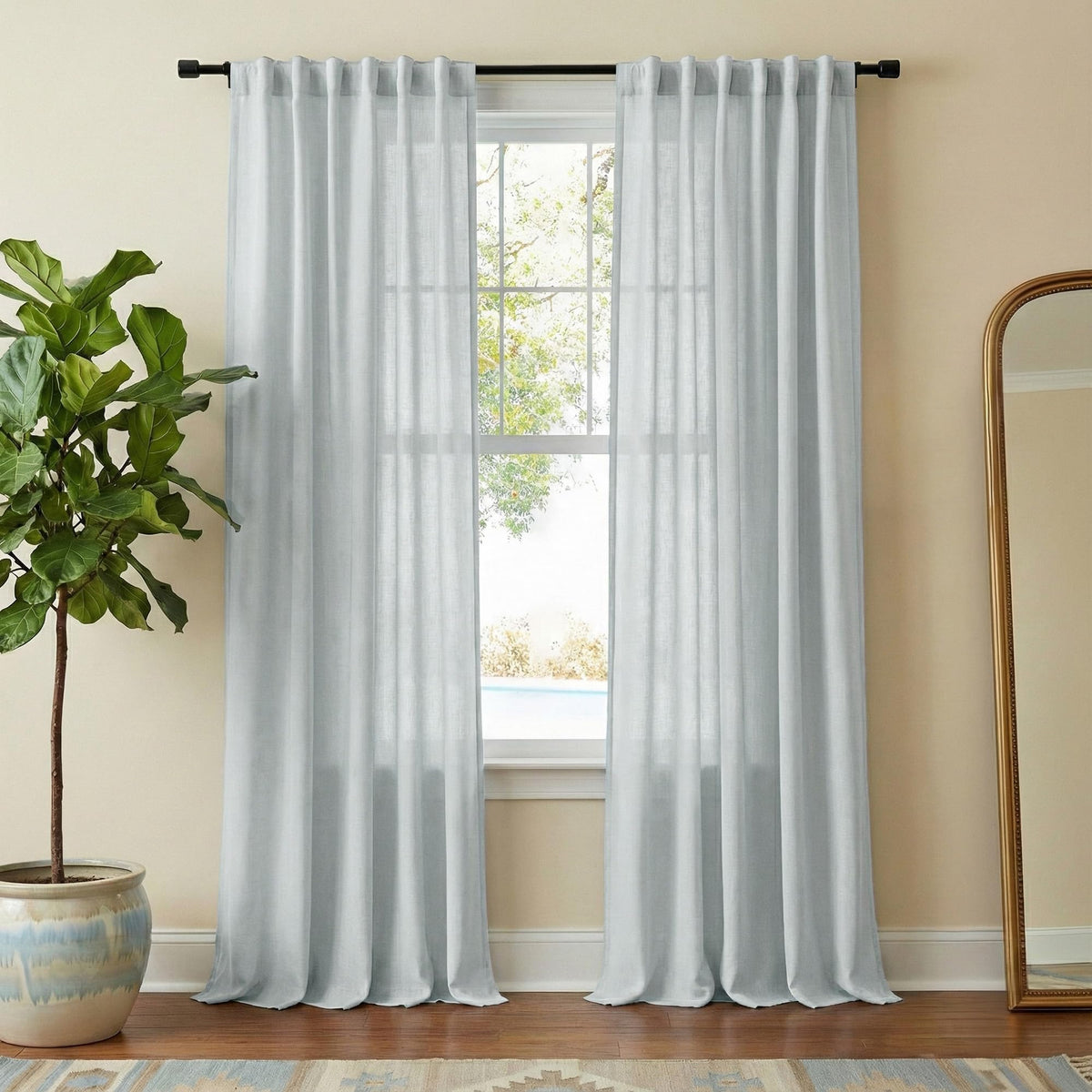 NICETOWN Natural Linen Curtains & Drapes for Windows 84 inch Long, Rod Pocket & Back Tab Thick Flax Semi Sheer Privacy Assured with Light Filtering for Bedroom/Living Room, W55 x L84, 2 Pieces
