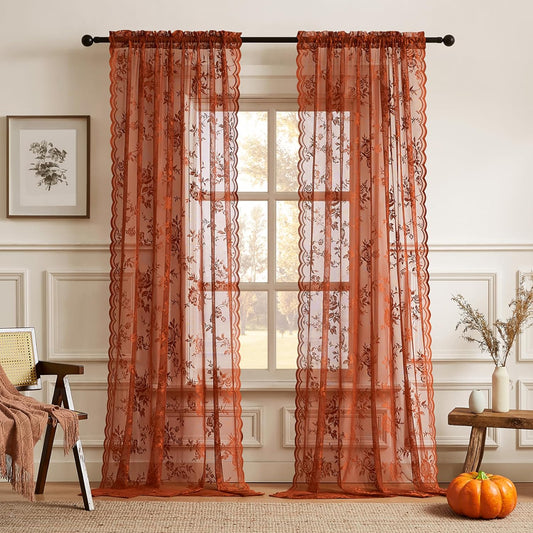 Terracotta Lace Curtains 84 Inches Long Country Rustic Floral Sheer Curtains for Living Room Bedroom Autumn Drapes Rod Pocket Light Filtering Orange Lace Curtain for Dining Room Fall Decor, 52x84