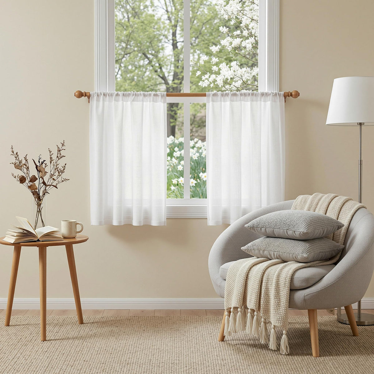 MYSKY HOME Linen Curtains for Living Room, Natural Semi Sheer Curtains & Drapes 84 inches Length 2 Panels Set Farmhouse Country Boho Style Back Tab Draperies for Sliding Glass Door, 50" Wide, Linen