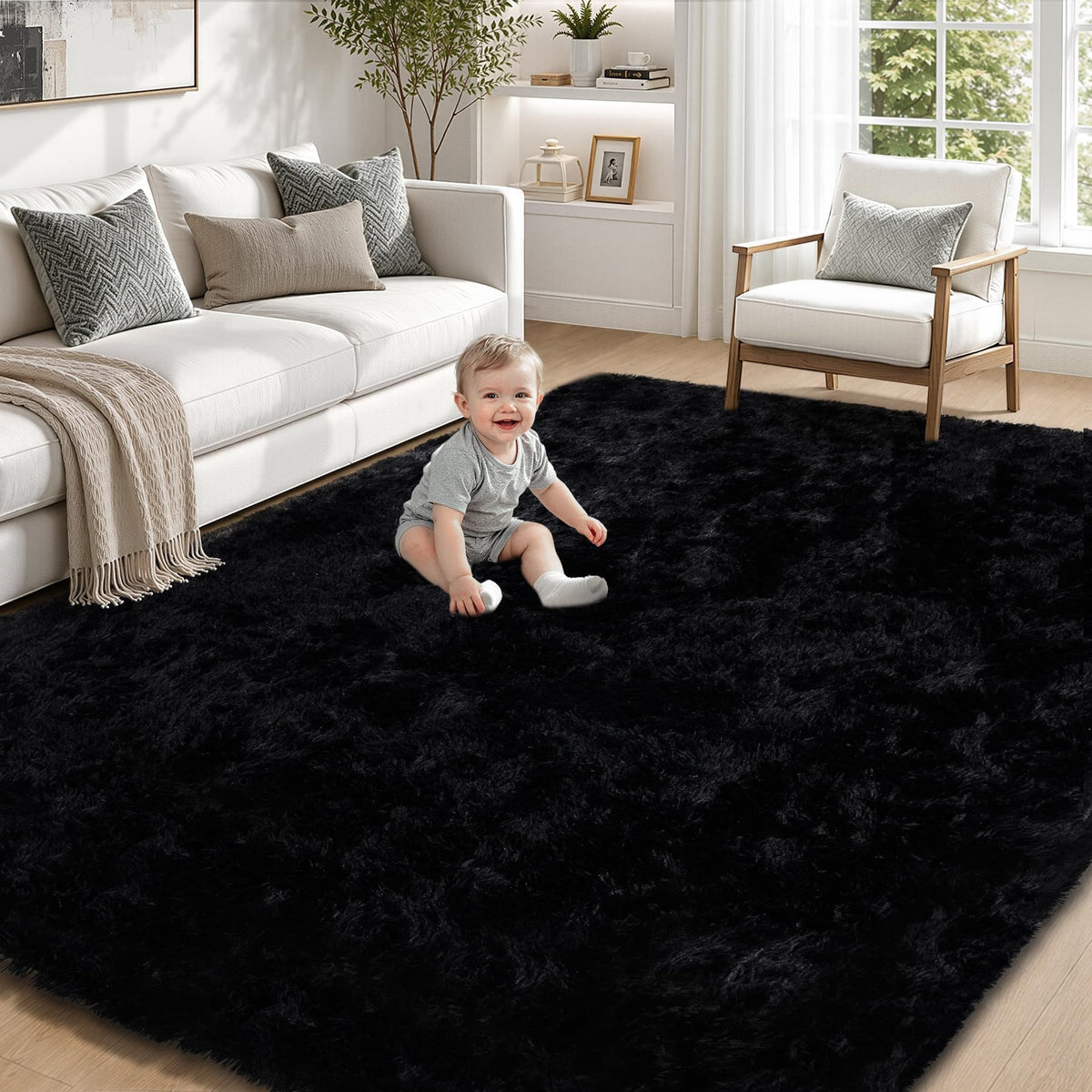 TENGTENGLINK 8x10 Fluffy Shag Area Rug Living Room Bedroom Washable Black