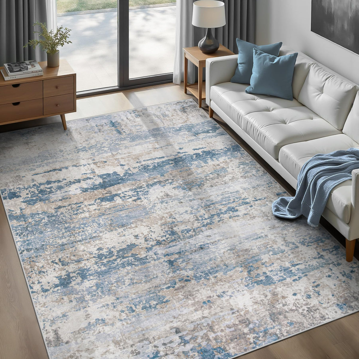 pmtsns Area Rugs 8x10 for Living Room: Washable Rug Modern Abstract Neutral Soft Non-Slip Low-Pile Indoor Large Carpet for Bedroom Dining Room Playroom Home Office (Blue Grey Brown, 8'x10')