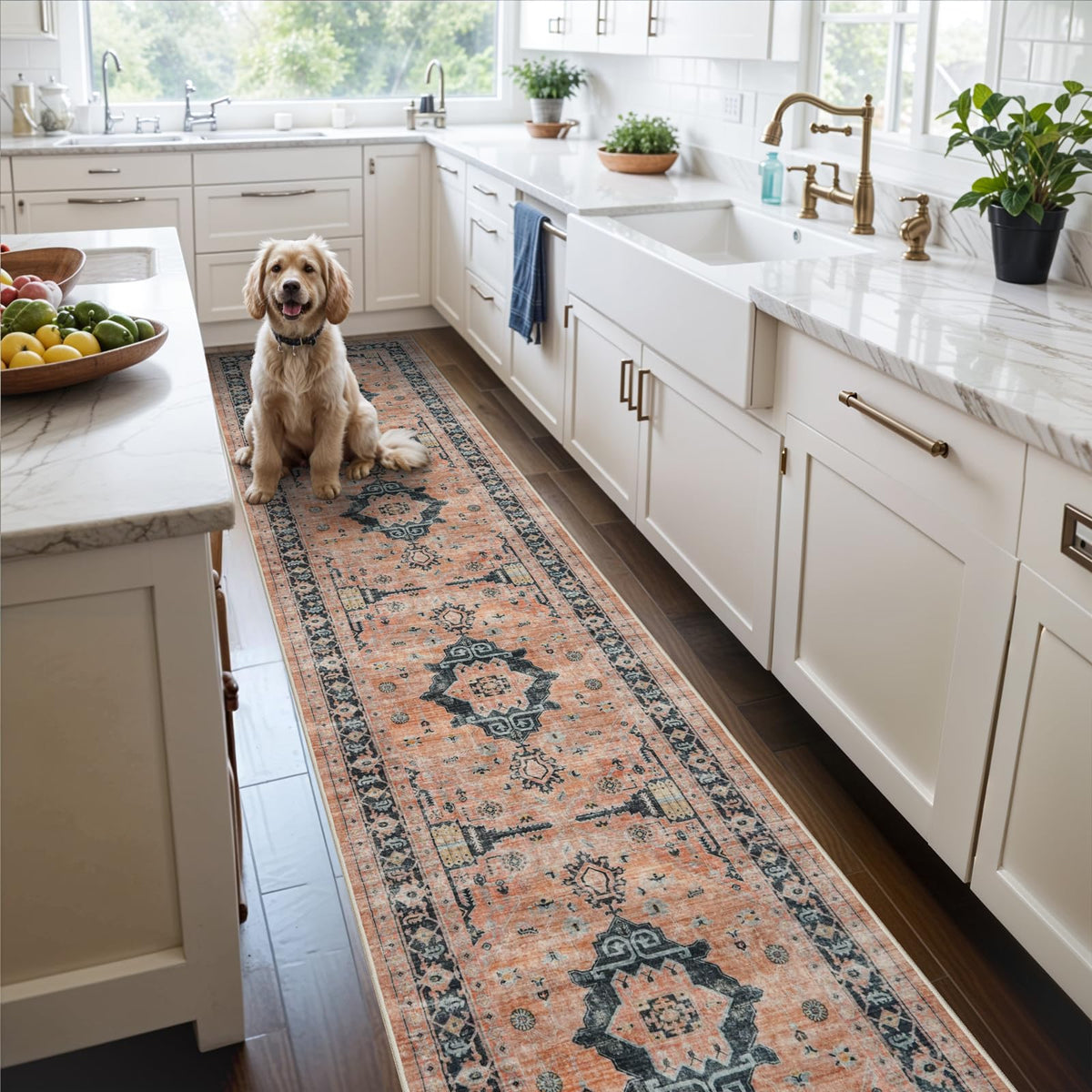 2x6 Hallway Washable Runner Rug : Vintage Soft Kitchen Laundry Runner with Non Slip Backing Farmhouse Entryway Living Room Floor Mat Stain Resistant Carpet for Bedroom Bathroom Distressed Beside Rug