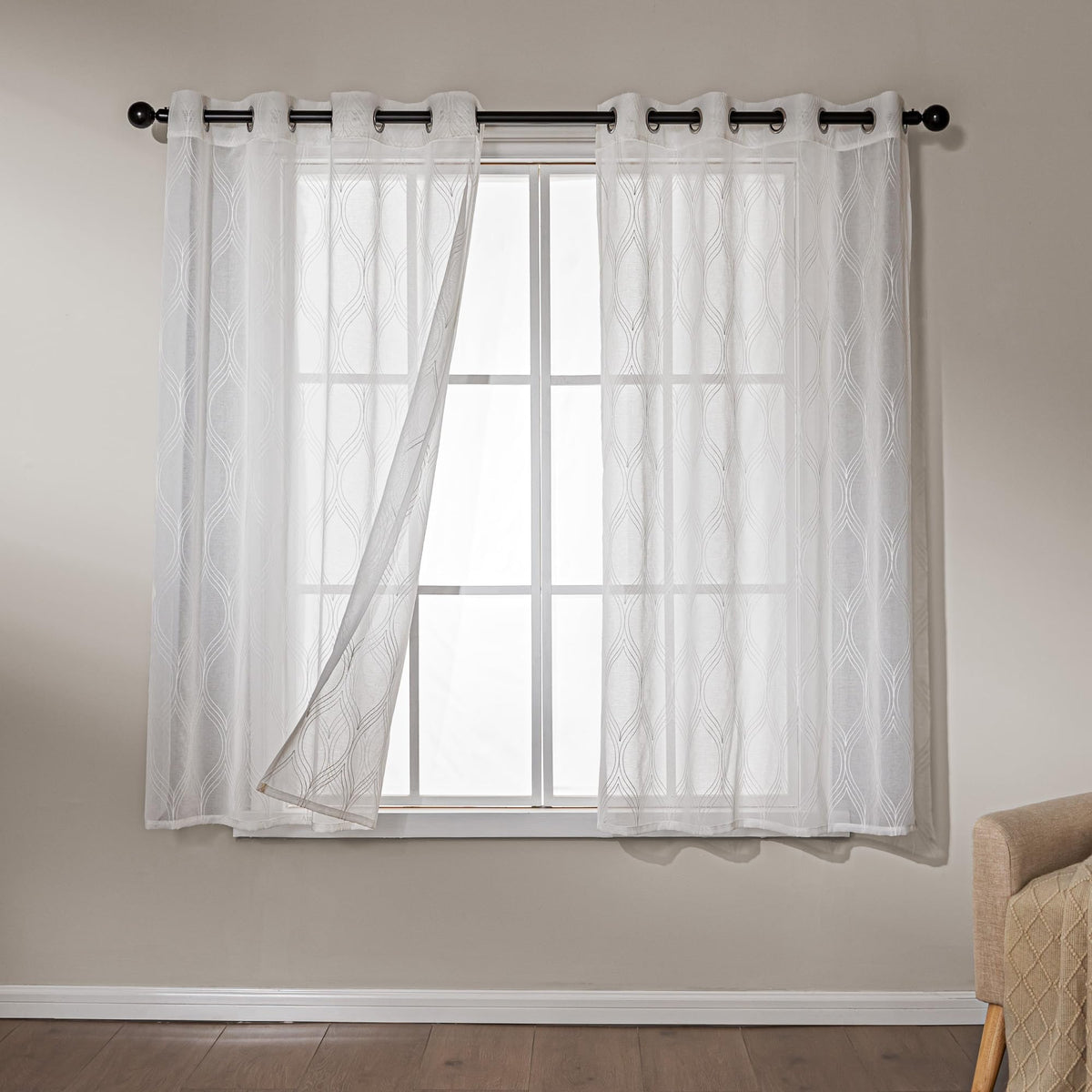 Amazon Basics Lace Sheer Curtains for Living Room and Bedroom, 2-Panel Set with Grommet, 42" W × 63" L, White Cloverleaf