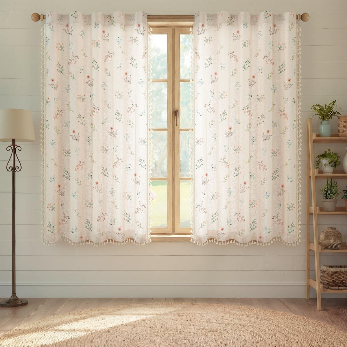Boho Floral Light Filtering Curtains 84 Inch 2 Panels Linen Texture