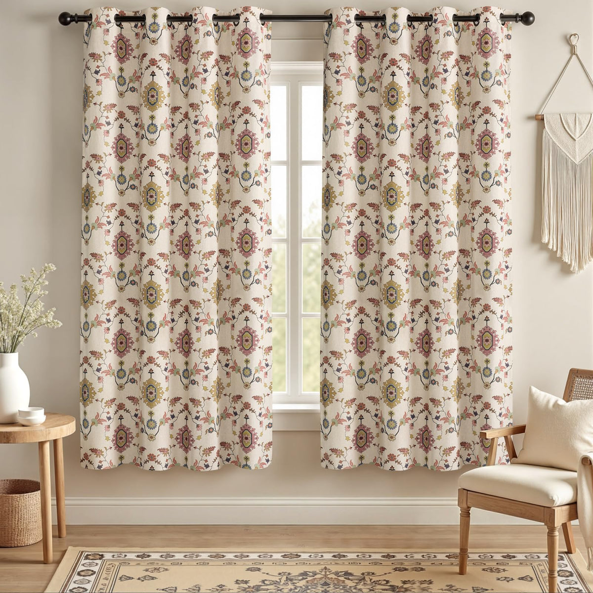 Boho Floral Light Filtering Curtains 84 Inch 2 Panels Linen Texture