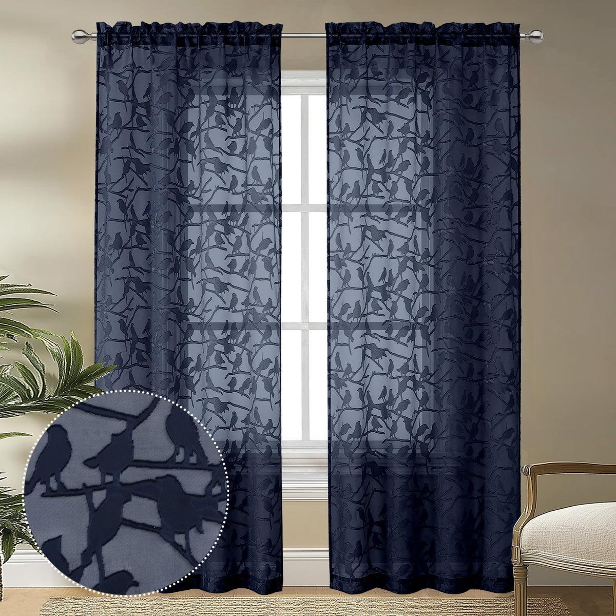 OVZME Sage Green Sheer Curtains 63 Inch Length 2 Panel Set, Light Filtering Bedroom Curtains with Dual Rod Pocket Top, Leaf Bird Clip Jacquard Sheer Farmhouse Window Drapes for Living Room, 2x38Wx63L