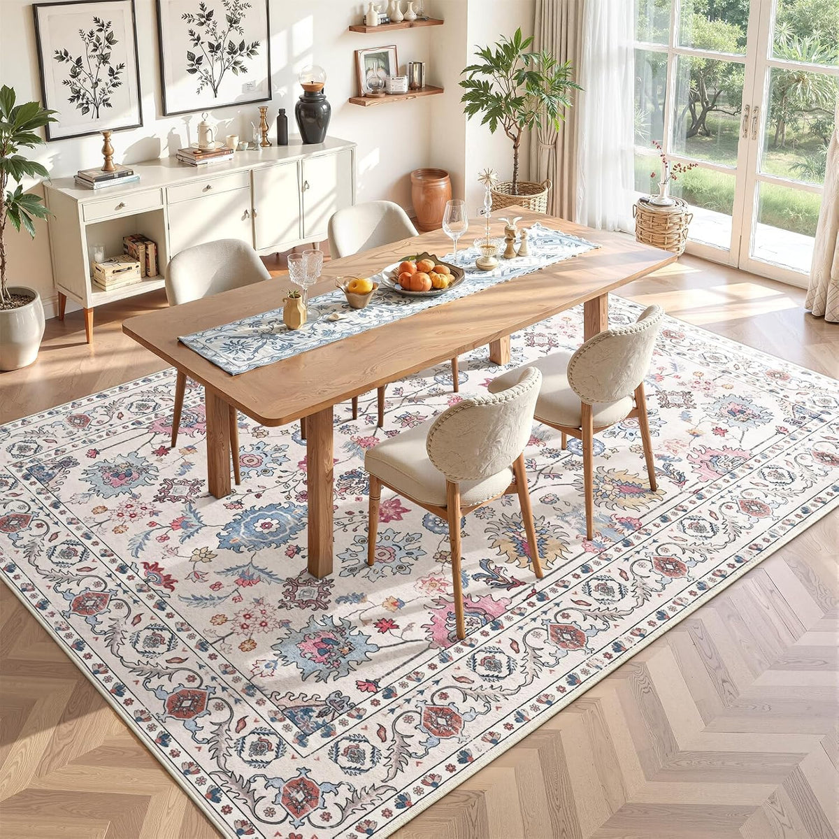 Hanples 5x7 Area Rugs for Living Room, Washable Rug Vintage Floral, Beige
