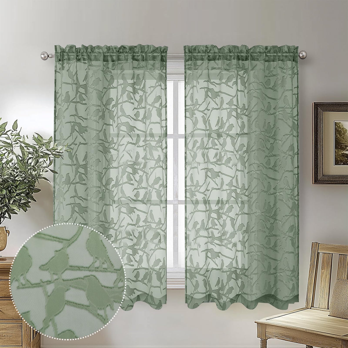 OVZME Sage Green Sheer Curtains 63 Inch Length 2 Panel Set, Light Filtering Bedroom Curtains with Dual Rod Pocket Top, Leaf Bird Clip Jacquard Sheer Farmhouse Window Drapes for Living Room, 2x38Wx63L