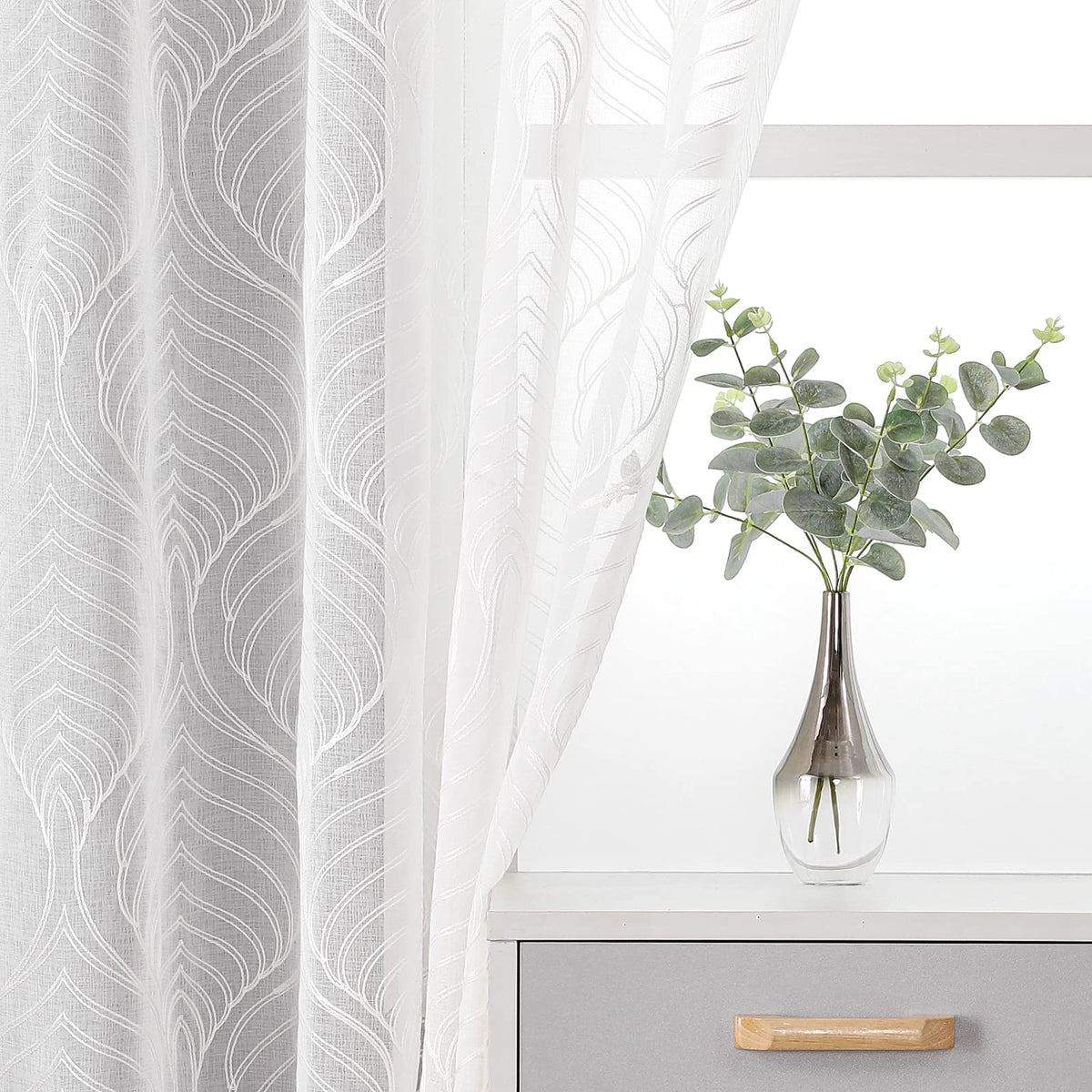 VISIONTEX White Sheer Curtains Grey Moroccan Embroidered 63 Inch Length