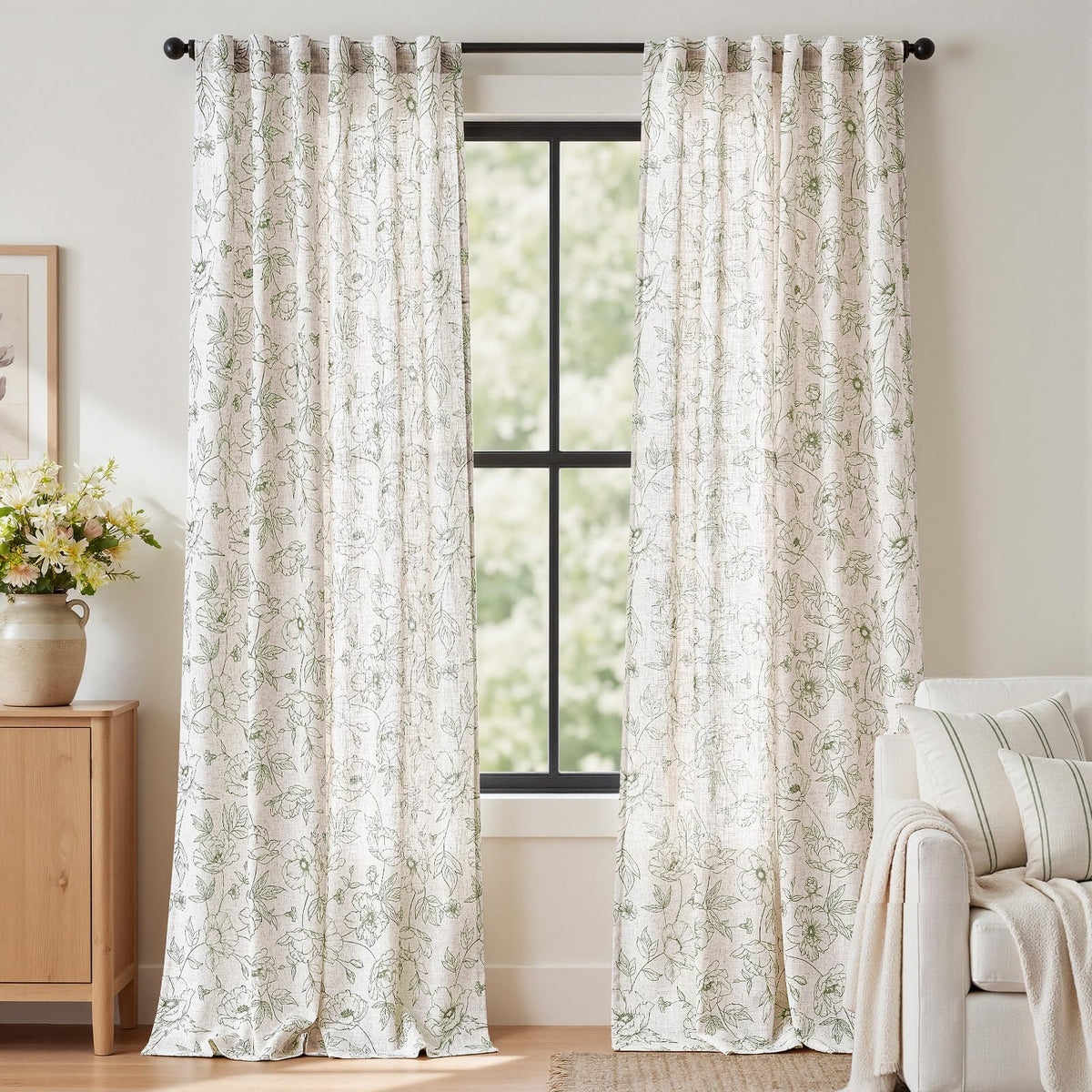 jinchan Taupe Floral Linen Curtains 84 Inch Farmhouse Back Tab 2 Panels