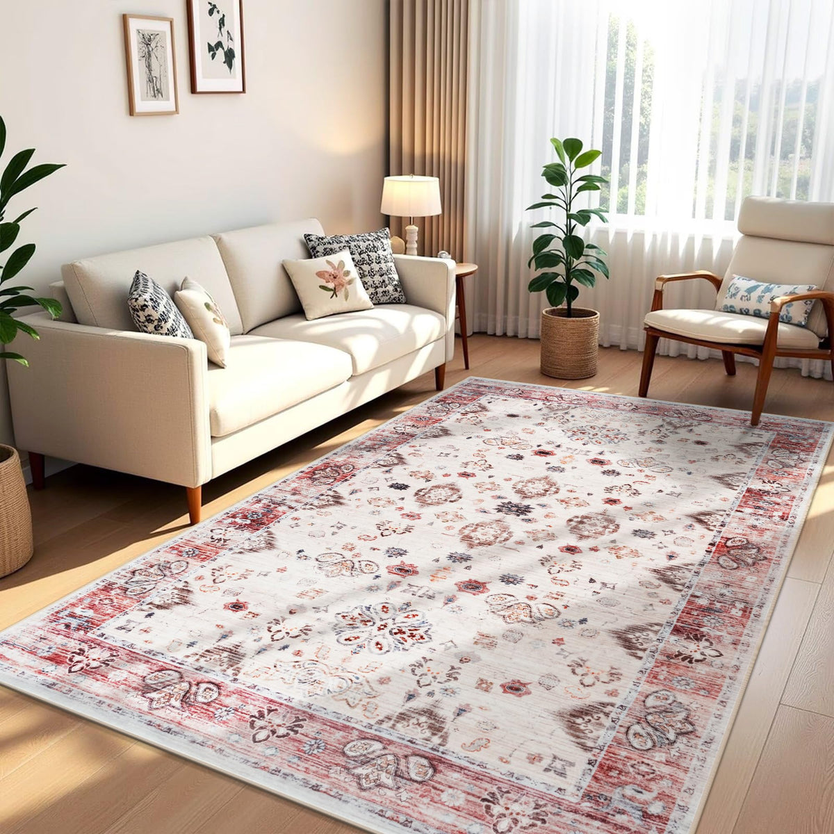 Hanples 5x7 Area Rugs for Living Room, Washable Rug Vintage Floral, Beige