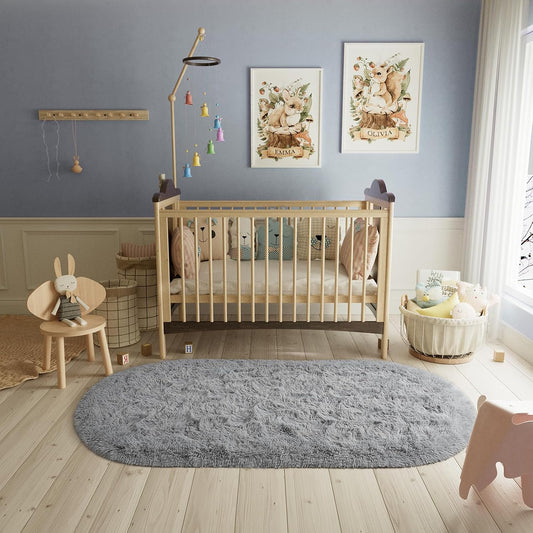 LOCHAS Bedroom Rug 2.6' x 5.3', Grey Fluffy Shaggy Area Rug for Kids Room