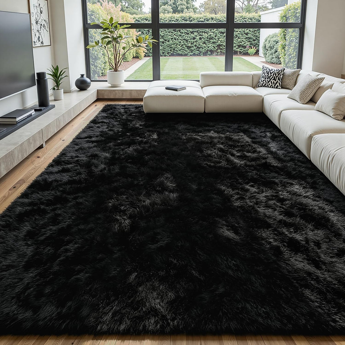 8x10 Black Area Rug for Living Room Bedroom, Soft Fluffy Fuzzy Fur Shag Rug