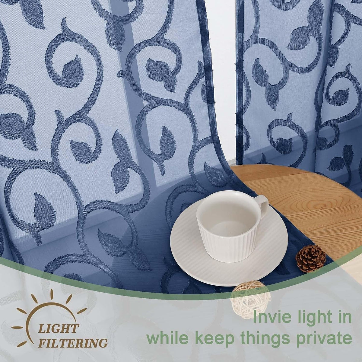 Dusty Blue Sheer Curtains for Bedroom Living Room 72 Inches Long 2 Panels Set, Soft Airy Geometric Jacquard Clip Curtains Drapes, Modern Rod Pocket Door Curtain, 2Pcs Each 42" Wx72 L Inch