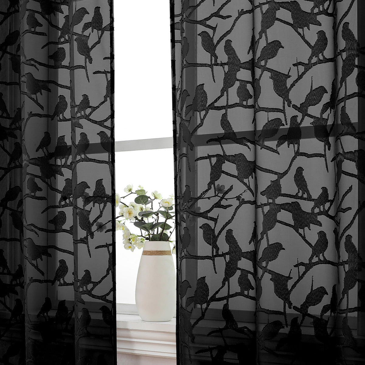 OVZME Sage Green Sheer Curtains 63 Inch Length 2 Panel Set, Light Filtering Bedroom Curtains with Dual Rod Pocket Top, Leaf Bird Clip Jacquard Sheer Farmhouse Window Drapes for Living Room, 2x38Wx63L