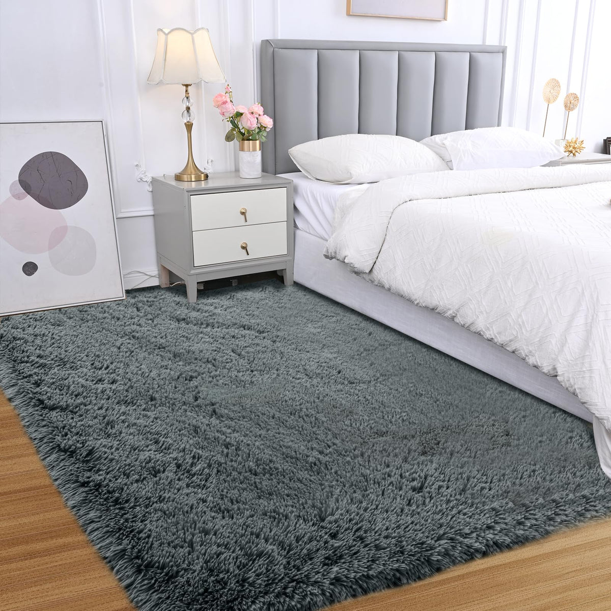 Fluffy Area Rug for Bedroom 5x7 Grey - Soft Shag Dorm Decor Carpet