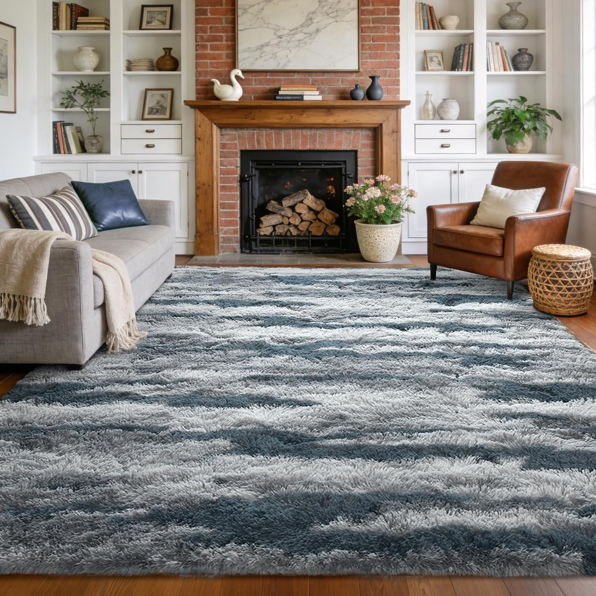 9x12 Extra Large Fluffy Area Rugs for Living Room Tie-Dyed Light Grey