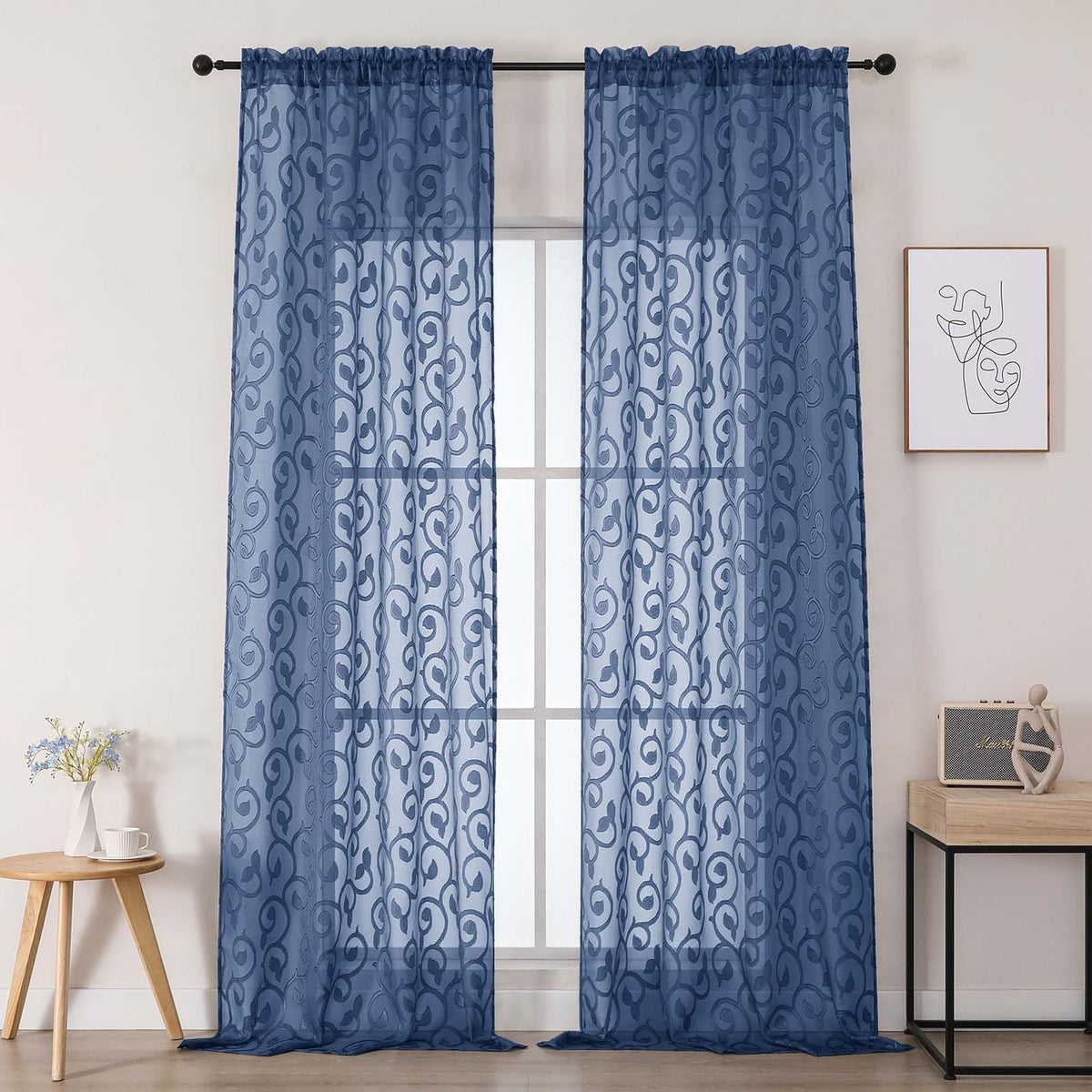 Dusty Blue Sheer Curtains for Bedroom Living Room 72 Inches Long 2 Panels Set, Soft Airy Geometric Jacquard Clip Curtains Drapes, Modern Rod Pocket Door Curtain, 2Pcs Each 42" Wx72 L Inch