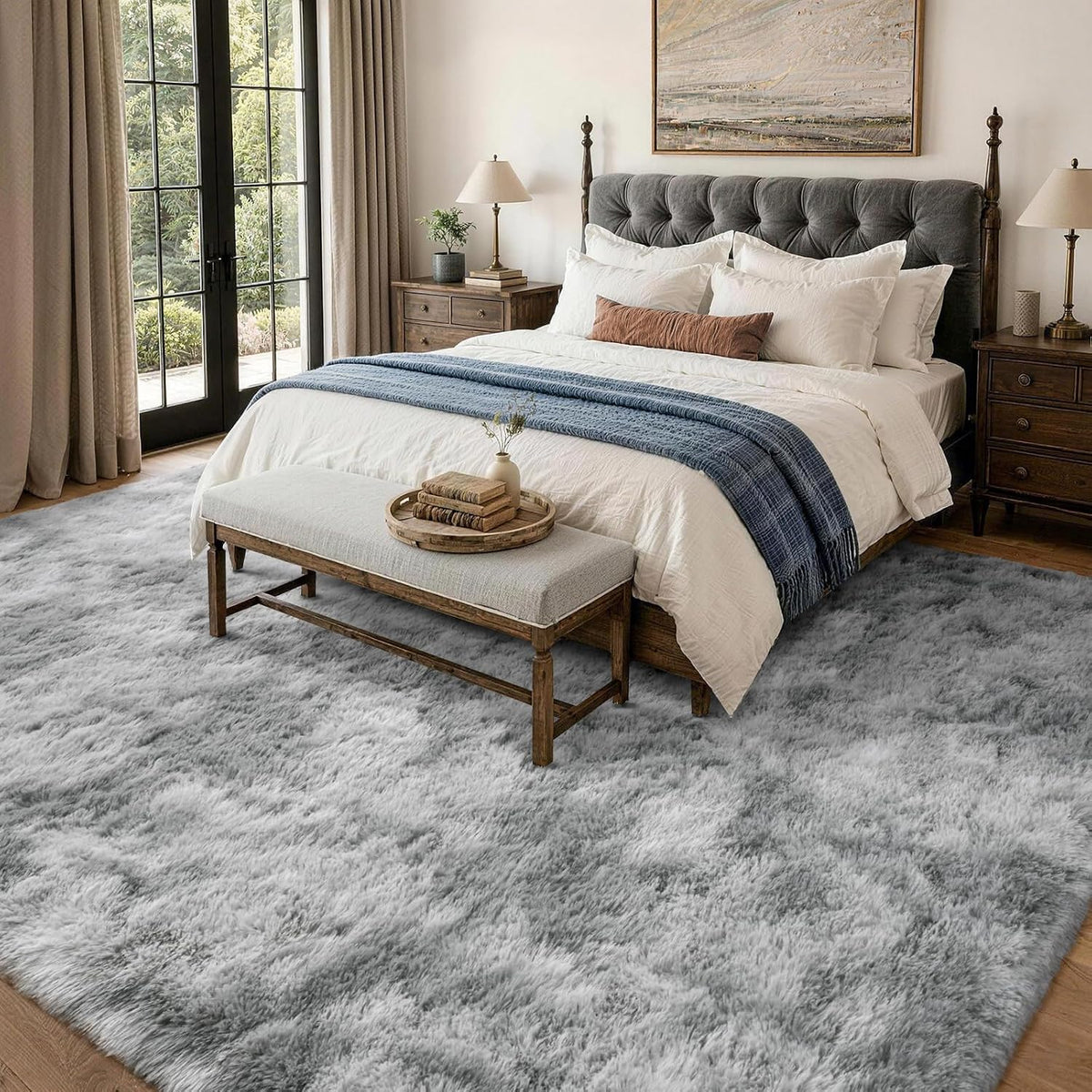 9x12 Extra Large Fluffy Area Rugs for Living Room Tie-Dyed Light Grey