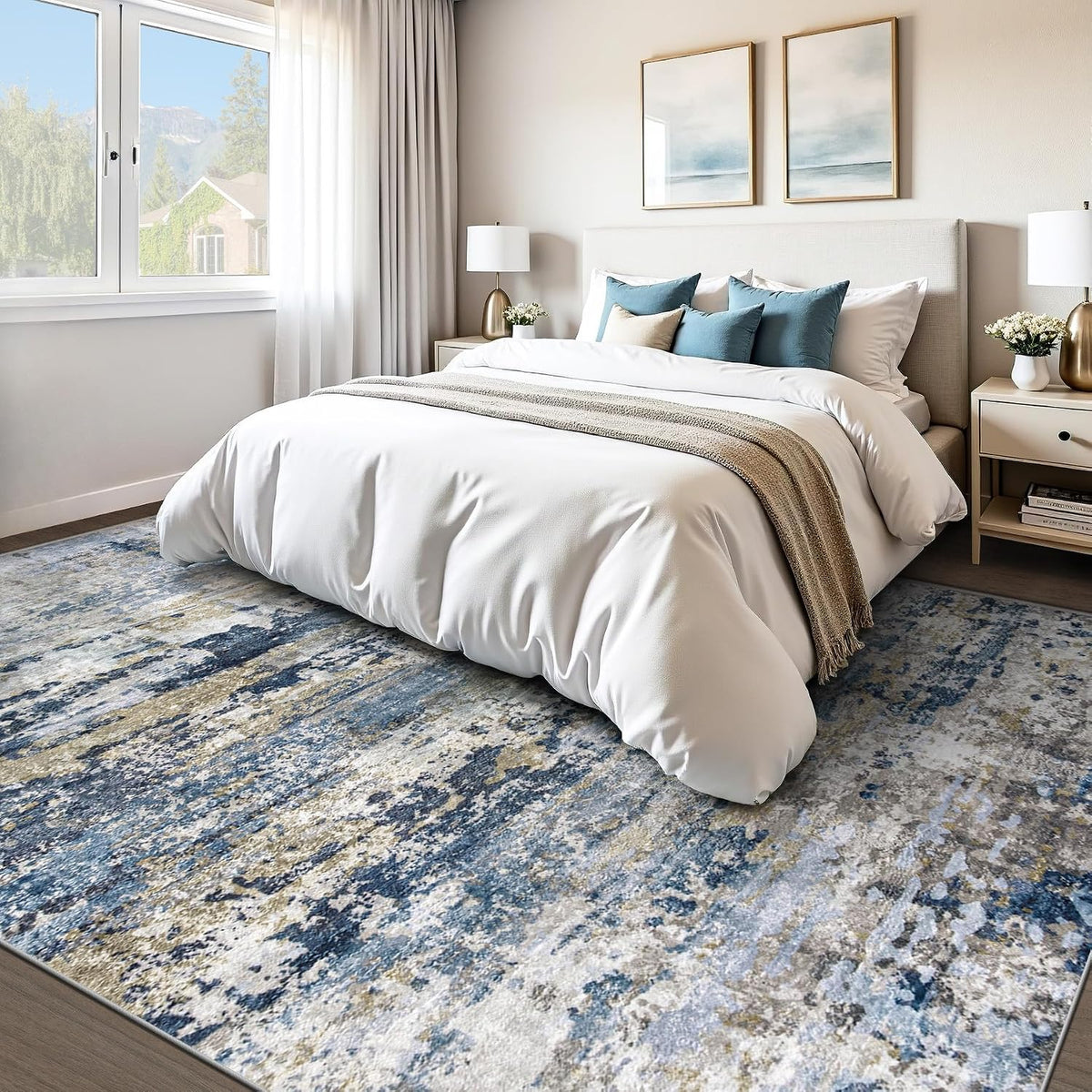 pmtsns Area Rugs 8x10 for Living Room: Washable Rug Modern Abstract Neutral Soft Non-Slip Low-Pile Indoor Large Carpet for Bedroom Dining Room Playroom Home Office (Blue Grey Brown, 8'x10')