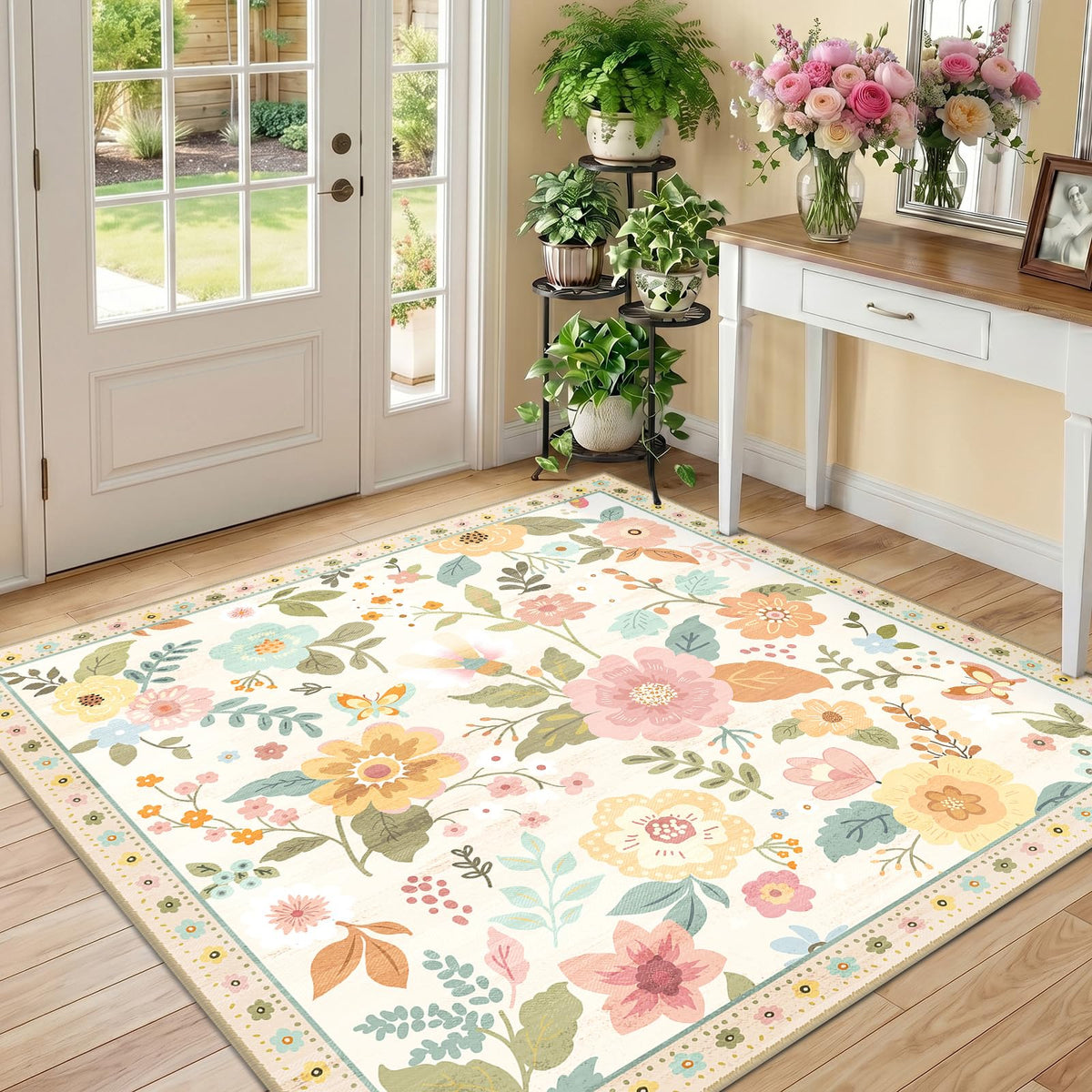 RELEANY Floral Washable 5x7 Area Rugs Pink