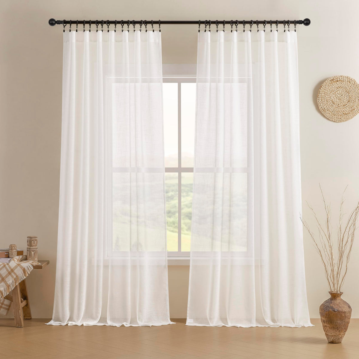 Joydeco Linen Curtains for Living Room,Light Filtering Rod Pocket Back Tab Semi Sheer Drapes Window Long Curtains 90 inches Long Ivory