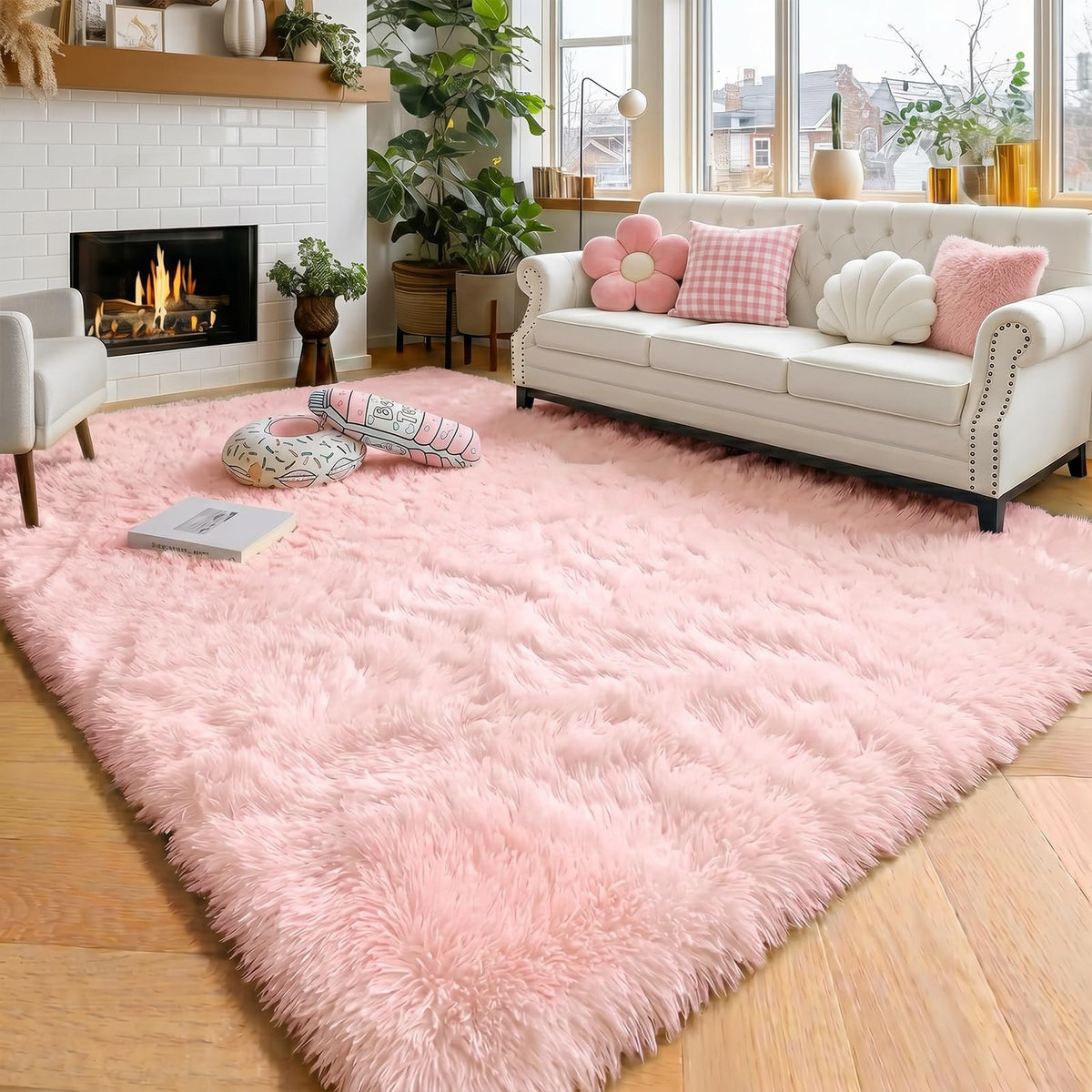 Amdrebio Light Pink Fluffy Fuzzy Area Rug 4x6 for Girls Bedroom Kids Room