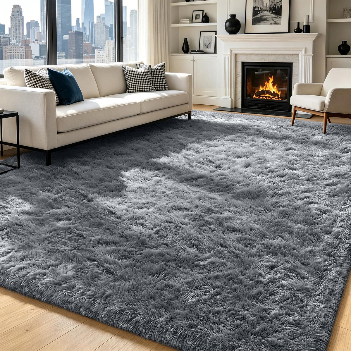 Beige 8x10 Area Rugs for Living Room, Fluffy Shag Rug Large Bedroom Carpet