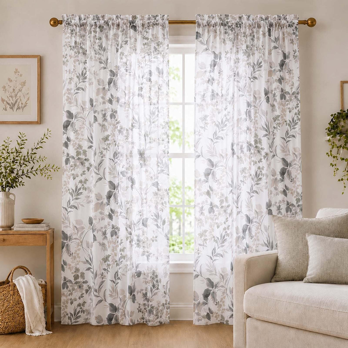 OWENIE Crushed Sheer Curtains 63 Inch Length 2 Panels Set, Sheer Floral Curtians with Printed Leaves Design, Printing Drapes for Living Room, Rod Pocket Light Filtering Window Sheers 42" W x 63" L