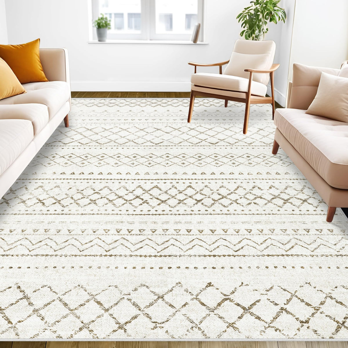 Area Rug 4x6 Geometric Rug: Washable Boho Moroccan Rugs Soft Farmhouse Rug, Modern Neutral Stain Resistant Indoor Floor Carpet for Livingroom Bedroom Dining Table Nursery(Modern Beige,4'x6')