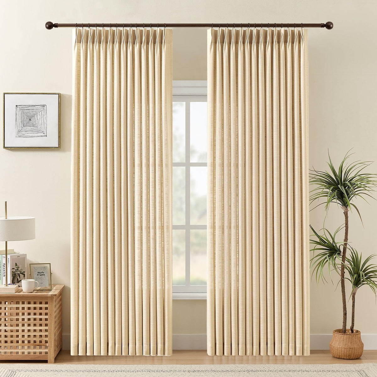 Pinch Pleated Linen Curtains 96 Inches Semi Sheer Light Filtering, 2 Panels