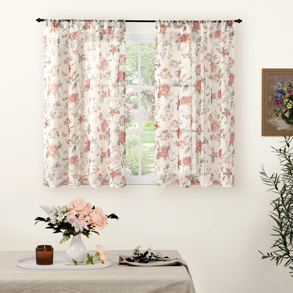 Lajode Pink Floral Sheer Curtains for Girls Room - 52x84 Inch 2 Panels