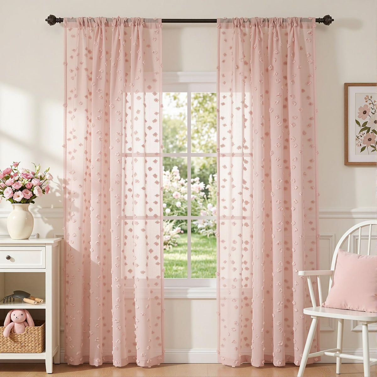 MYSKY HOME Beige Boho Sheer Curtains with Cream Pom Pom 50Wx84L,2 Panels