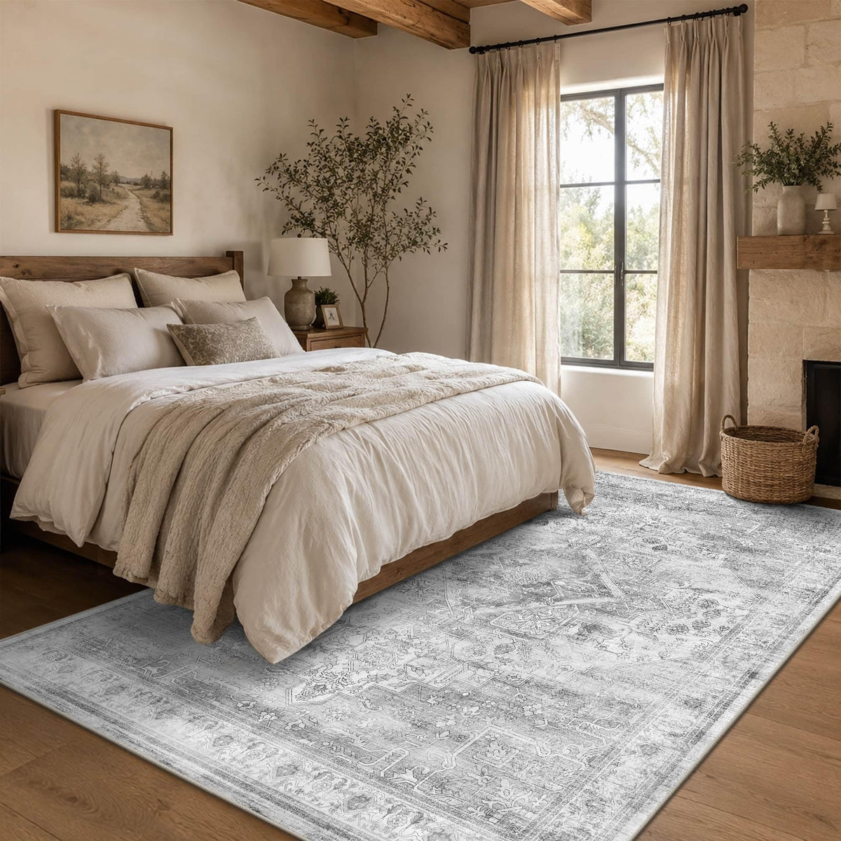 8x10 Washable Boho Area Rug, Dark Beige Farmhouse for Living Room