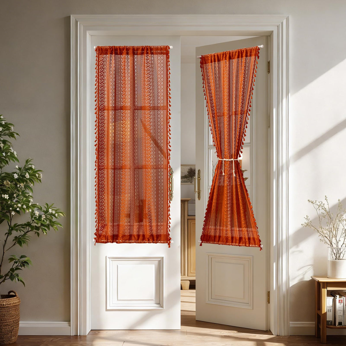 Sutuo Home Terracotta Boho Lace Curtains 2 Panels 84 Inches Long for Living Room&Bedroom, Burnt Orange Crochet Privacy Farmhouse Vintage Tassels Retro Halloween Window Sheer Curtains Rod Pocket,50" W