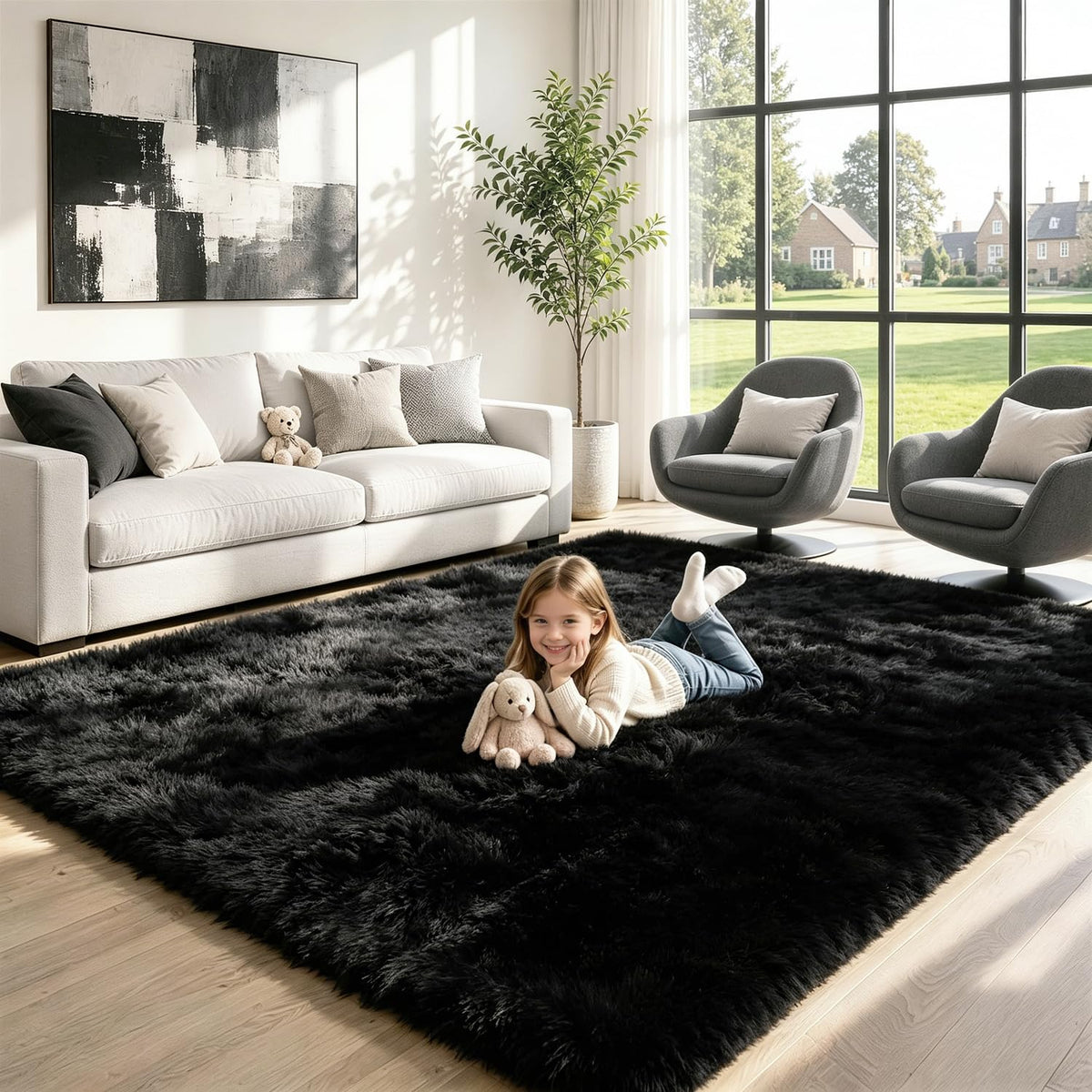 8x10 Black Area Rug for Living Room Bedroom, Soft Fluffy Fuzzy Fur Shag Rug