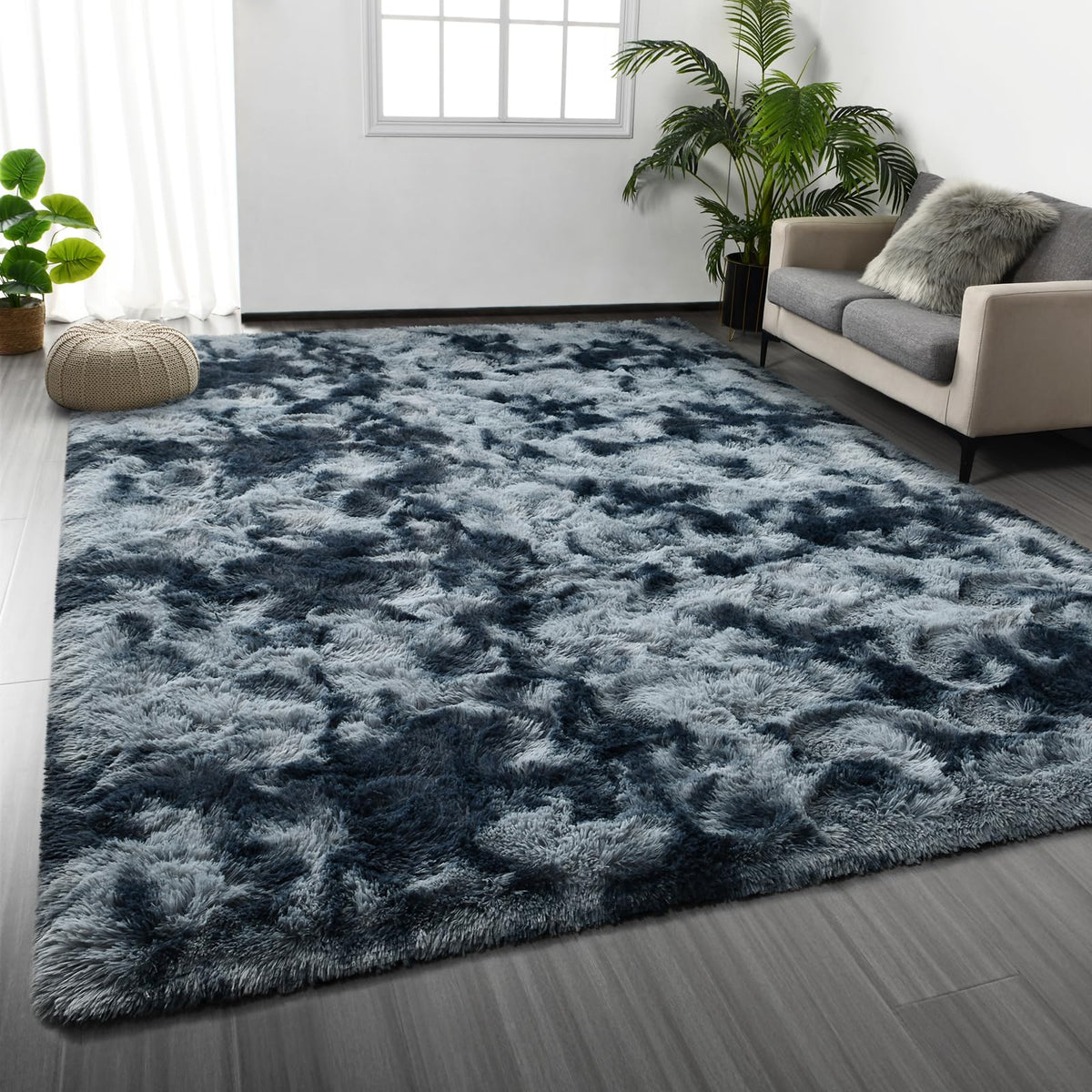 Deerhoo Large Shag Area Rugs 5 x 8, Tie-Dyed Plush Fuzzy Rugs, Light Grey