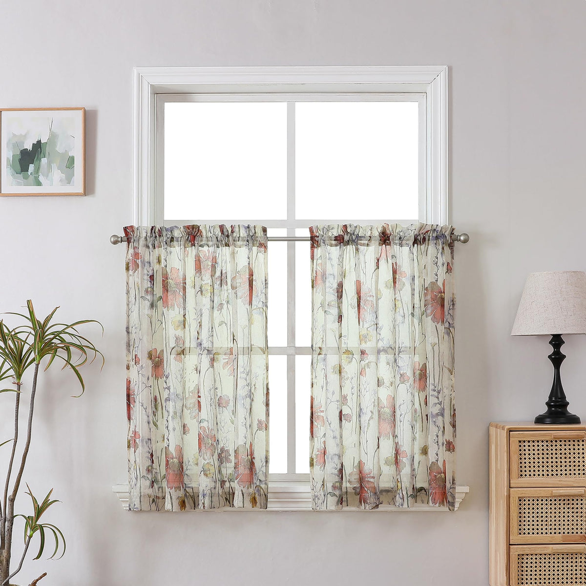 OWENIE Crushed Semi Sheer Curtains 72 Inches Length 2 Panels, Floral Pattern Design Rod Pocket Light Filtering Farmhouse Curtains for Bedroom Living Room, 2 Pieces Total 84 Inch Wide, 72 inch Long