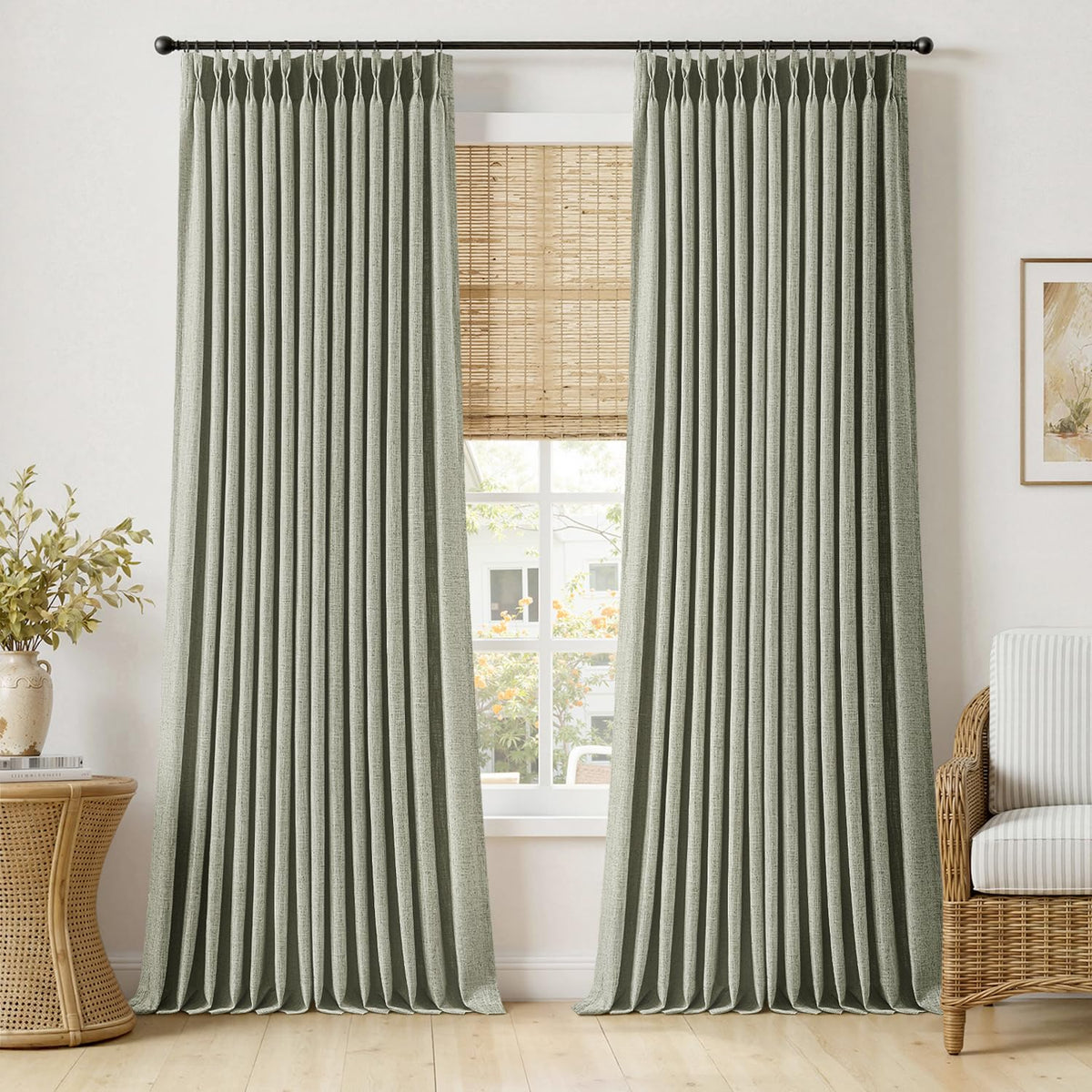 MIULEE Pinch Pleated Thick Linen Curtains 96 Inches Burlap Brown Curtains