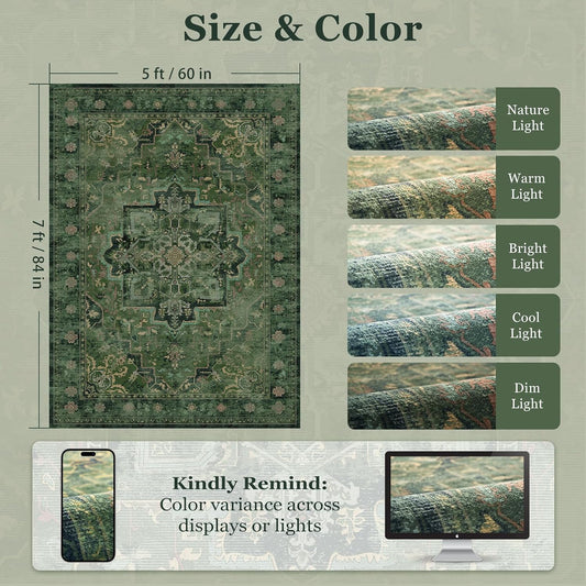 Vintage Dark Green Area Rugs 5x7 for Living Room, Tranditional Distressed Medallion Printed Low Pile Thin Rugs for Bedroom, Non Slip Washable Carpet Rugs for Dining Room/Kitchen/Home Office