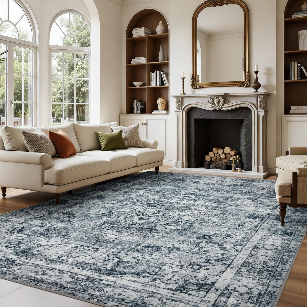 Joydeco Boho Washable Abstract Beige 5x7 Area Rugs for Living Room Bedroom