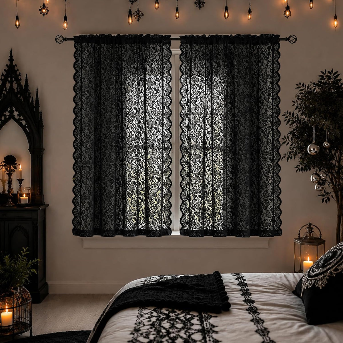 ALIGOGO Black Lace Curtains for Bedroom, Gothic Style, 52W x 63L Inch