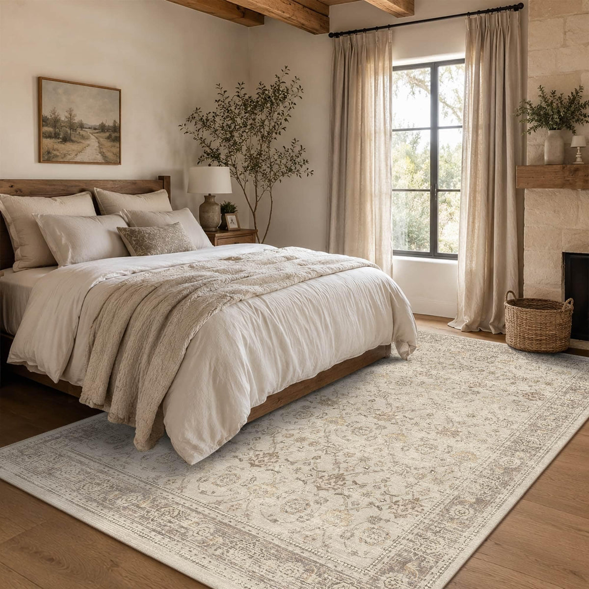 8x10 Washable Boho Area Rug, Dark Beige Farmhouse for Living Room