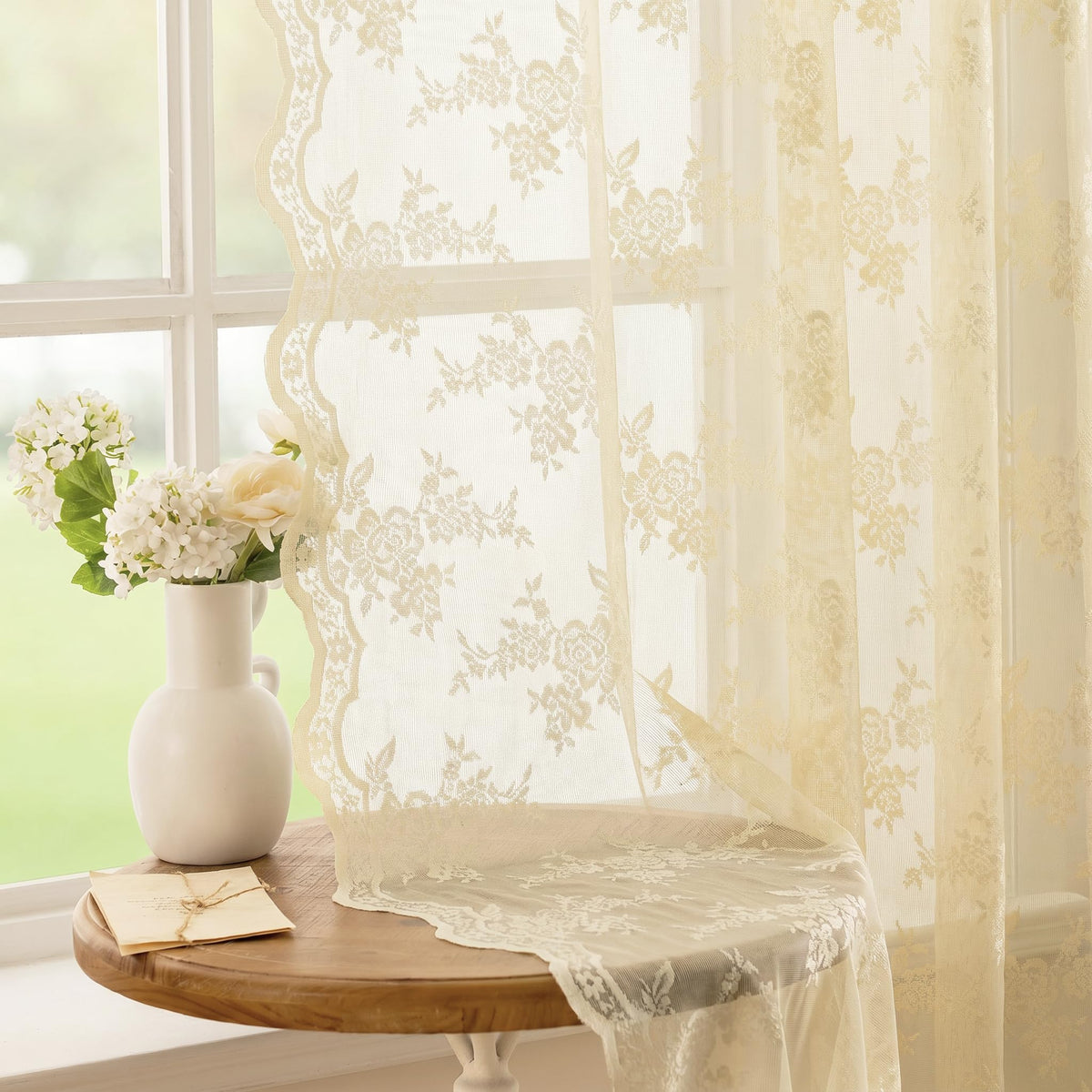 MEETSKY White Lace Curtains 84 Inches Long Floral Victorian Sheer Curtains