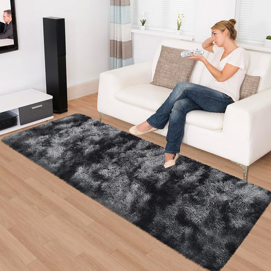 Tie-Dyed Runner Rug for Bedroom Black Grey 2x6ft Fluffy Area Rug Bedside Runner Rug for Kids Room Boys Teens Nursery Baby Living Room Dorm Home Decor Carpets