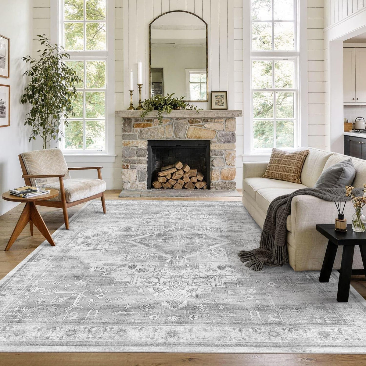 8x10 Washable Boho Area Rug, Dark Beige Farmhouse for Living Room